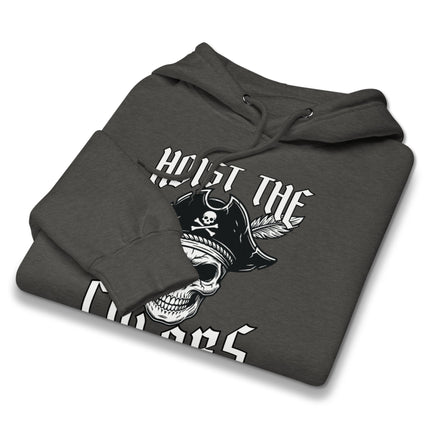 Hoist The Colors skull graphic hoodie featuring a pirate tricorn hat design.