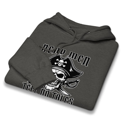 Pirate skull and crossed swords graphic on a "Dead Men Tell No Tales" pullover hoodie.