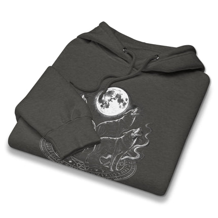 Graphic hoodie featuring howling wolves under a bright full moon design.