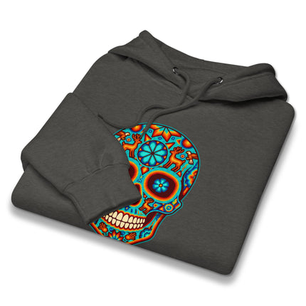 Colorful Day of the Dead skull pullover hoodie featuring intricate Huichol sugar skull patterns.