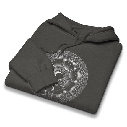 Celtic Arianrhod silver wheel hoodie featuring a detailed lunar chart mythology design pullover.