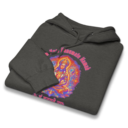 Lord Hanuman mantra hoodie featuring Om Ham Hanumate Namah script print on a pullover design.