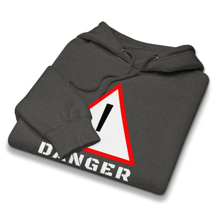 DANGER warning sign pullover hoodie featuring bold exclamation mark graphic print fleece.