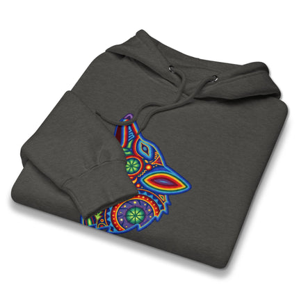 Vibrant Huichol art wolf howling pullover hoodie featuring traditional Mexican folk designs.