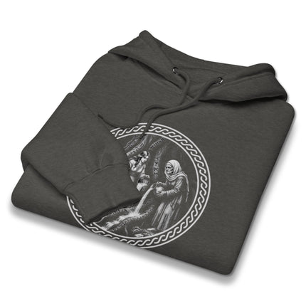 Norns and Yggdrasil fate weavers graphic design on a unisex Norse mythology pullover hoodie.