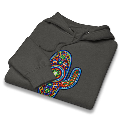 Vibrant Huichol cactus art pullover hoodie featuring Mexican indigenous patterns and designs.