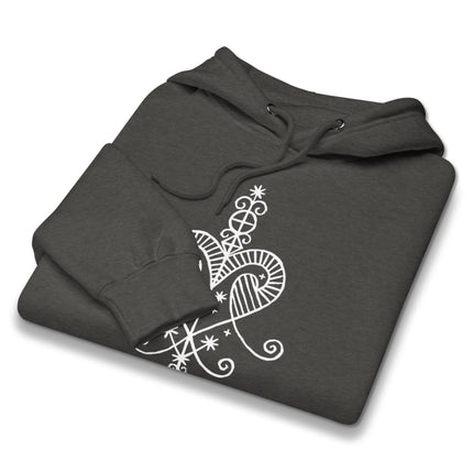Black hoodie featuring Erzulie Freda Veve voodoo queen spiritual artwork and symbol graphic.