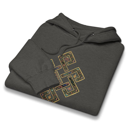 Tibetan Endless Knot symbol graphic on a unisex pullover fleece hoodie.