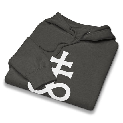 Black hoodie featuring the Leviathan Cross and alchemical Sulfur symbol graphic print.