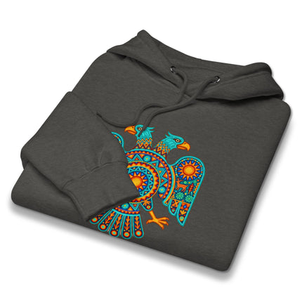 Vibrant Huichol two-headed eagle design on a Mexican folk art pullover hoodie.