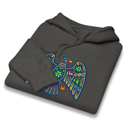 Colorful Huichol eagle art design on a pullover hoodie, featuring vibrant indigenous Mexican patterns.