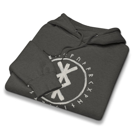 Viking rune pullover hoodie featuring Norse protection bind and Futhark symbols.