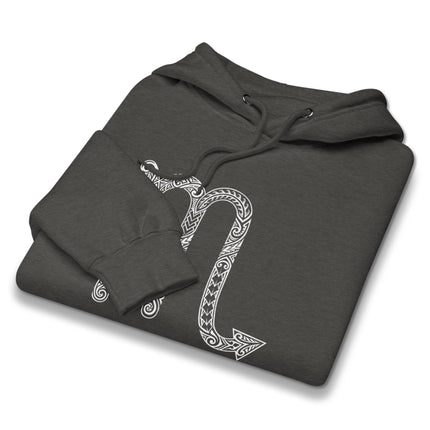 Scorpio Zodiac Symbol Tribal Hoodie featuring astrology graphics and celestial signs on a fleece pullover.