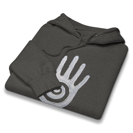 Hopi healing hand spiral symbol art printed on a pullover native american style hoodie.