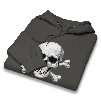 Gothic skull and crossbones design printed on a black hoodie featuring detailed skeletal artwork.