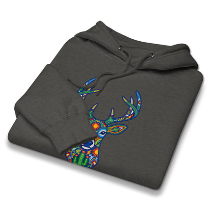 Pullover hoodie featuring vibrant Huichol deer artwork, showcasing Mexican indigenous folk art style.