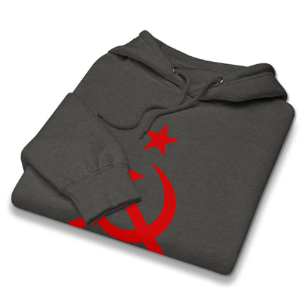Red socialist hoodie featuring a hammer and sickle graphic print with red star accents.