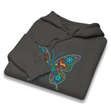 Colorful Huichol butterfly folk art hoodie inspired by traditional Mexican indigenous culture.