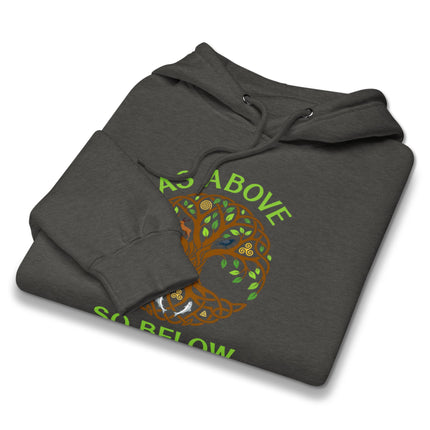 As Above So Below Tree of Life hoodie featuring intricate spiritual Celtic knot artwork design.