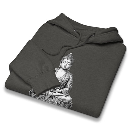 Meditating Buddha zen design on a spiritual mindfulness pullover hoodie.