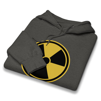Black pullover hoodie featuring a radioactive symbol and nuclear hazard warning design.