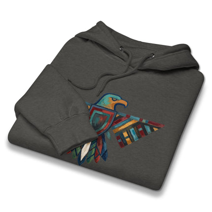 Colorful geometric Thunderbird design printed on a pullover hoodie inspired by Native American art.
