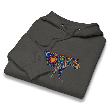 Colorful Huichol jaguar folk art graphic printed on a fleece pullover hoodie.