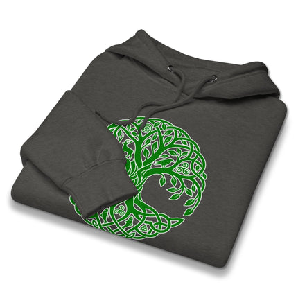 Green Celtic Tree of Life knotwork graphic pullover hoodie fleece with Irish green accents.