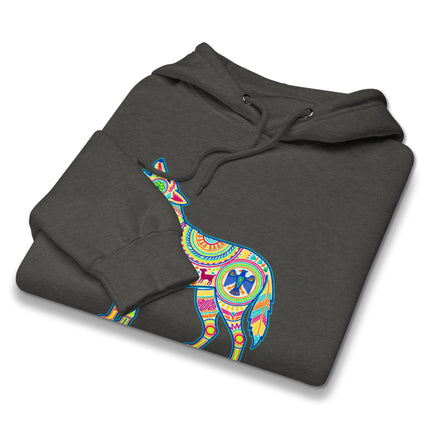 Huichol-style wolf graphic hoodie featuring vibrant Mexican folk art patterns.