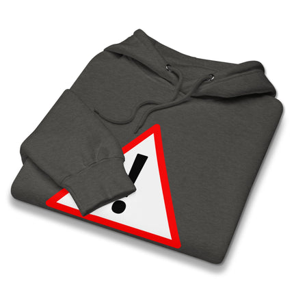 Red triangle exclamation mark warning sign graphic pullover hoodie.