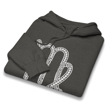 Ornate Virgo zodiac symbol and celtic knot astrology design on a pullover hoodie.