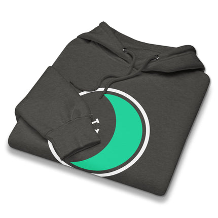 Wicca pagan pullover hoodie displaying mystic moon, star, and seax symbols.