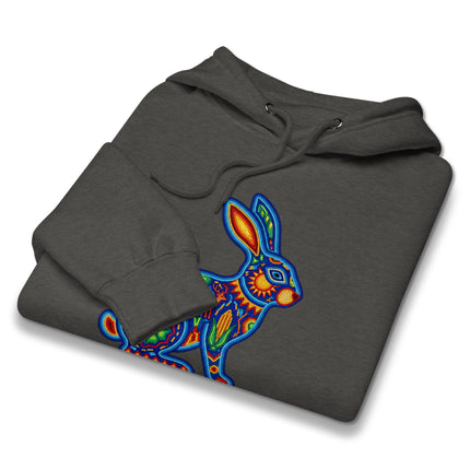 Mexican folk art inspired hoodie featuring a colorful Huichol rabbit design pattern.