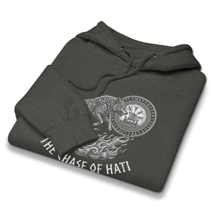 Norse mythology Hati dog chasing mythical beast tattoo graphic on a black hoodie.