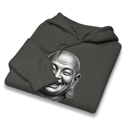 Laughing Buddha Hotei design printed on a cozy zen pullover hoodie.