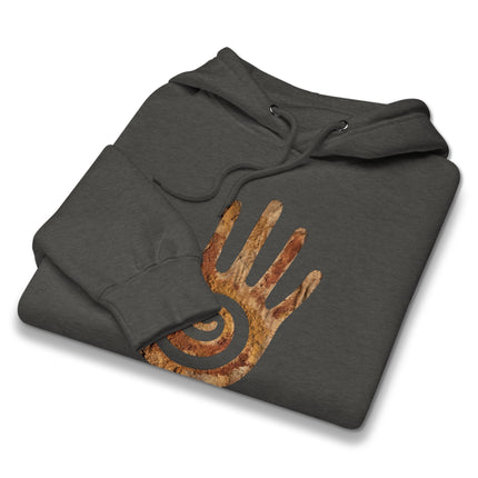 Native American style pullover hoodie featuring the sacred Hopi healing hand and traditional spiral symbols.
