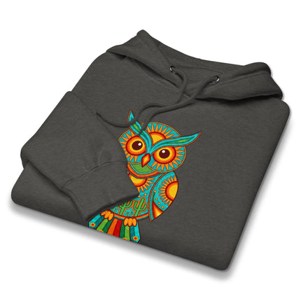 Tribal Huichol owl graphic hoodie in vibrant Mexican folk art style pullover fleece.