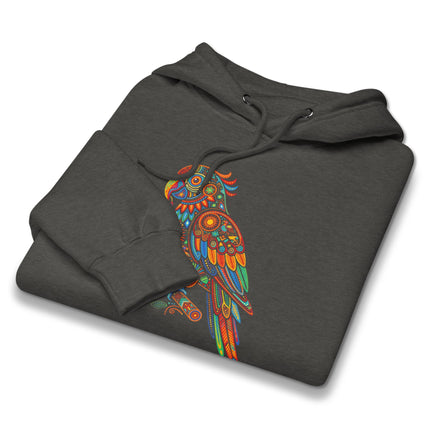 Mandala bird design hoodie with vibrant Huichol parrot spirit animal art print.