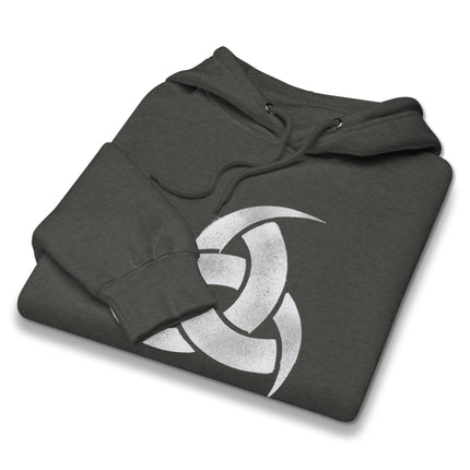 Triple Horn of Odin Norse symbol graphic printed on a Viking mythology hoodie pullover.