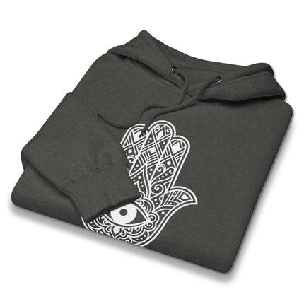 Hamsa hand and Evil Eye mandala design on a protective pullover hoodie.