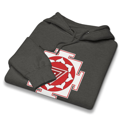 Kali Yantra sacred geometry symbol print on a Hindu spiritual pullover hoodie.