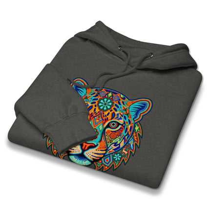 Vibrant Huichol jaguar hoodie featuring colorful Mexican folk art animal design.