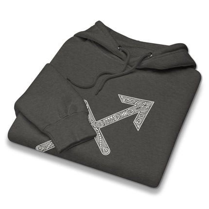 Sagittarius zodiac constellation and Celtic knot pattern printed on a pullover hoodie.