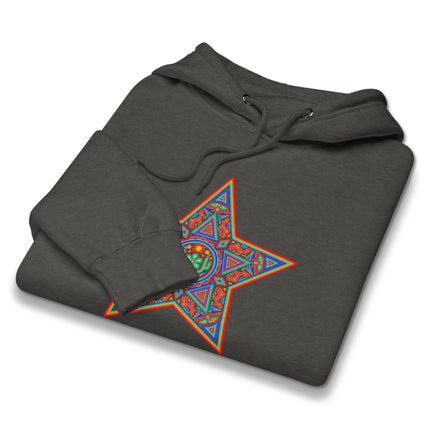 Vibrant Huichol star geometric art pattern on a cozy pullover fleece hoodie.