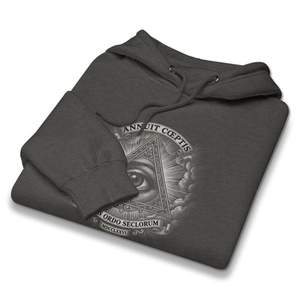 All-Seeing Eye Hoodie featuring Pyramid and Great Seal graphic print on black pullover hoodie.
