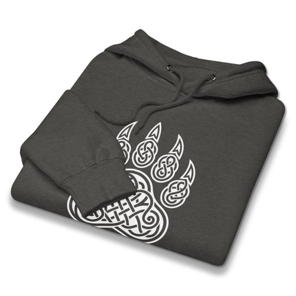 Celtic knotwork bear paw hoodie featuring pagan spirit animal design print on fleece pullover.