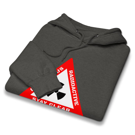 Biohazard warning sign graphic printed on black pullover hoodie.