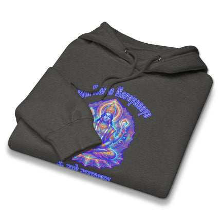 Psychedelic Om Namah Narayanaya Vishnu mantra print hoodie for spiritual Hindu wear.