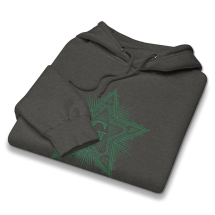 Masonic Blazing Star sacred geometry design pullover hoodie featuring freemasonry symbols.