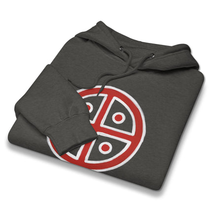 Solar cross symbol sun wheel graphic printed on a pagan unisex pullover hoodie.